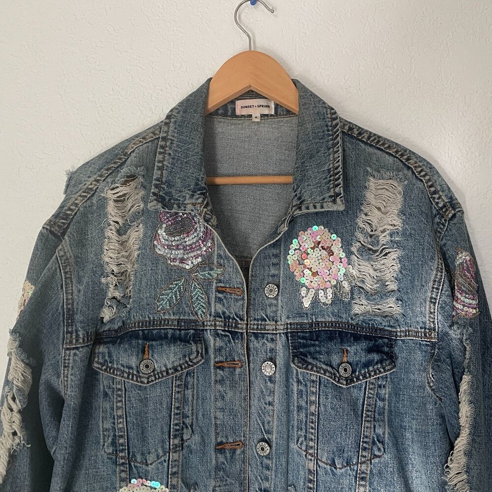 Statement Sunset + Spring Distressed Denim Jacket w/ Embellished Florals (M)